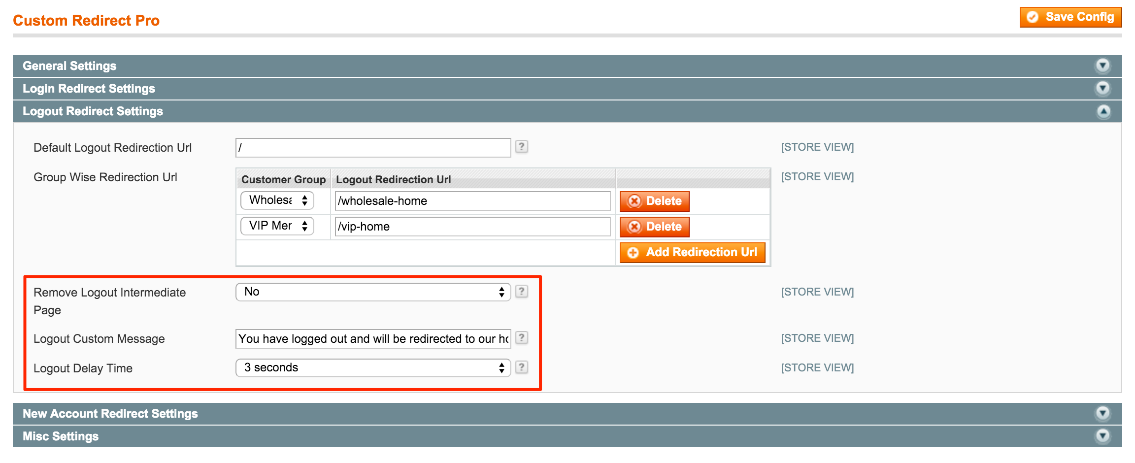 Customer Logout Redirect Settings